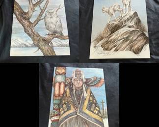 117 Doug Lindstrand Signed Alaskan Sketches Limited Edition Prints  Owl, Mountain Goats  Alaska Native
