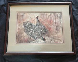 61 Attributed to Estelle Hartley Signed Guinea Fowl Watercolor