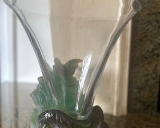 Daum France pate de verre crystal trumpet vase featuring a sculpted snake and green leaf base.