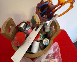 Lot 17: Wooden Sewing Basket with Sewing Supplies