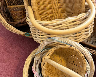 Lot 27: Assorted Wicker and Woven Baskets with Wooden Clothespins