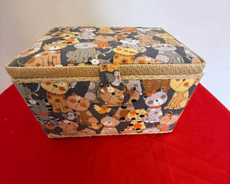 Lot 18: Cat Pattern Sewing Basket with Sewing Supplies
