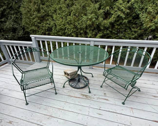 Lot 96: Green Metal Patio Table and Two Chairs