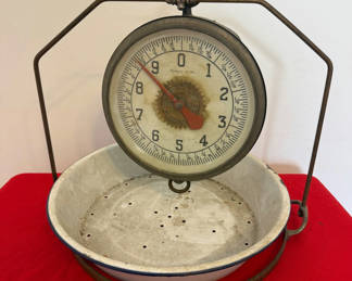 Lot 2: Antique Hanging Dial Scale with Enamel Tray