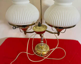 Lot 71: Two-Light Brass Table Lamp with White Glass Shades