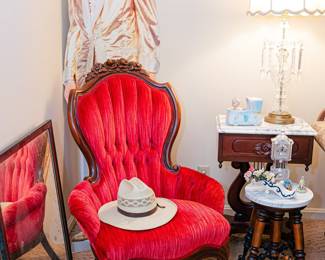 Life-Size Elvis Poster, vintage Victorian-Style red-velvet Gentlemen’s Chair, vintage Hollywood Regency Lamp pair, Lyre Harp Victorian-style furniture with marble top, antique piano stool with marble top, tape Recorder
