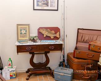 Vintage luggage, Lyre Harp Console Table with marble top, Carpet Cleaner Hoover Vacuum, “The Good Sheperd’s Cottage” by Thomas Kinkade