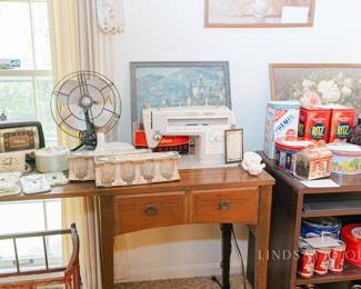 Antique Westinghouse Fan, Singer Sewing Machine, vintage tin canisters