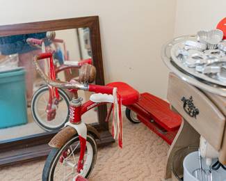 Radio Flyer Tricycle, sidetable, vintage Aluminum cookie cutters