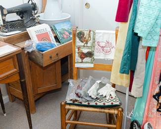 Vintage Wash Stand, Wash Bowl and Pitcher, antique Ladder Back Rocking Chair with Woven Seat, Sewing Machine