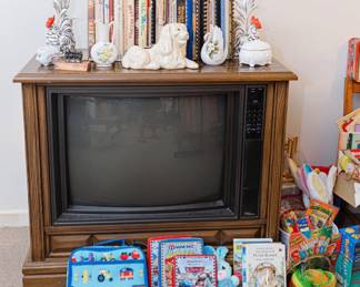 TV in stand, Cookbooks, Porcelain Figurines, children items, vintage toys
