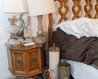 Oil-style Electric Lamp, Porcelain Lamp, vintage ornate glass lamp, Octaganal Mediterranean-style Pedestal Side Table, Vintage Toilet Paper Holders, Towel stand