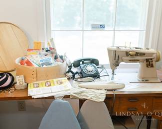 Singer Sewing Machine, Rotary Phone, Small Ironing Boards, Miscellaneous Sewing Materials/Items