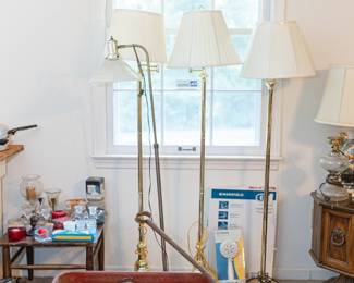 Floor Lamps, vintage red wagon, brand new shower faucet head, brand new toilet seat, candle holders