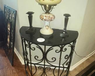 HALF-MOON IRON TABLE, HAND-PAINTED HURRICANE LAMP