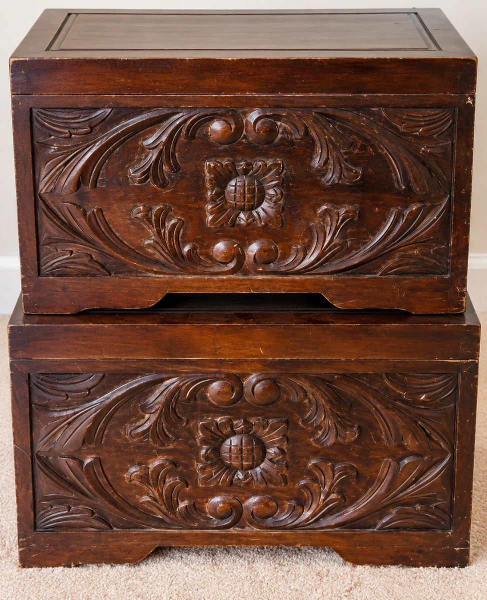 Pair of carved dark wood decorative storage chests – $140 pair