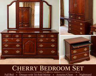 Cherry wood bedroom set with full bed, dresser with tri-fold mirror, armoire/chest and nightstand. Complete set $1,250.