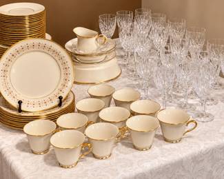 Fine china dinnerware and crystal stemware collection. Pieces and sets priced individually.