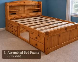 Wood twin trundle bedroom set with storage bed and matching dresser. Mattress not included. Bed shows normal wear; dresser is in very good condition. $400 for complete set.