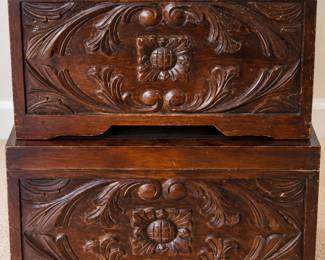 Pair of carved dark wood decorative storage chests – $140 pair