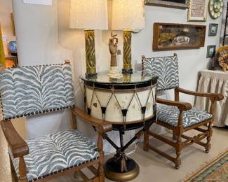 Antique French oak chairs and custom made antique drum table