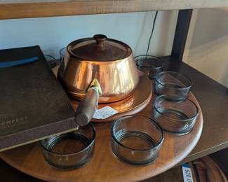 Teak fondue  set with copper pot all dishes on a lazy susan