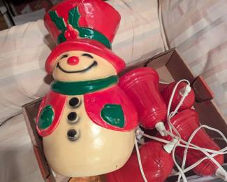 Vintage Blow Mold George the Snowman and look bells and candles 