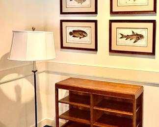 Antique Fish Lithos from 1800's, MCM bookcase, metal and brass floor lampdes
