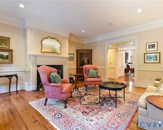 Beachley Furniture Co wingback chairs, 8 x 10 Heriz, Antique corner cabinet, toleware coffee table