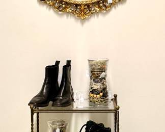 Gilt mirror, antique glass side table, designer boots, jewerly jars....