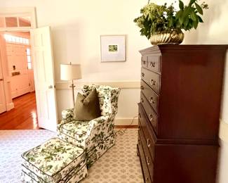 Beachley Furniture custom covered chair and ottoman, original watercolorl