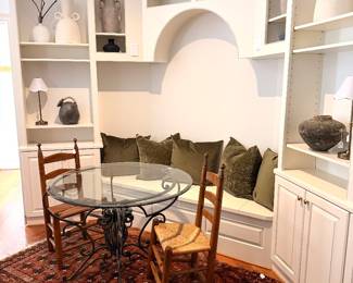Persian RUgs, MCM Metal and glass table, new down pillows, pottery