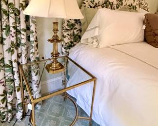 Glass and gilt side tables, MCM brass lamps