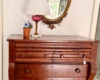 Antique dresser, cranberry lamp , MCM dolphin miror
