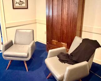 AMerican Leather Swivel Chairs, R Hardware Cashmere throw, Antique Gun Cabinet