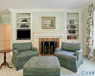 Beachley Furniture Club Chirs and ottoman, Virginia Metal Crafters Andirons, original oil on canvas