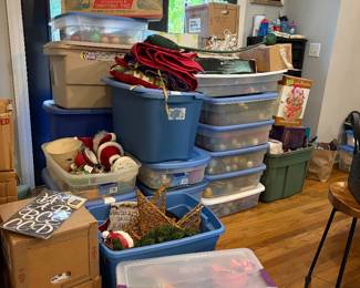There are a lot of totes full of Christmas decor!