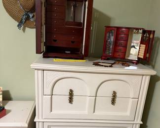 Jewelry Boxes, chest, dresser, mirror, 2 nightstands, queen size bed.