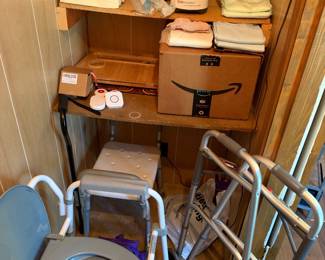 Bedside toilet, briefs, bed pads walker, shower chair, call button, Pire Wick, Crutches