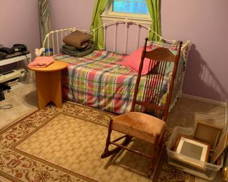 Trundle day bed, antique rocker, side table