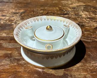 French porcelain desk inkwell with a central lidded ink pot and three quill/pen stands