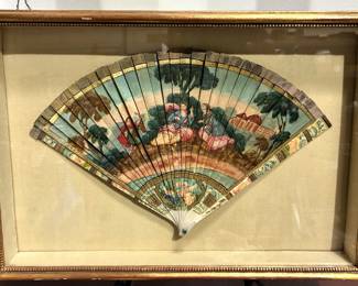 19th c. French hand-painted fan, framed