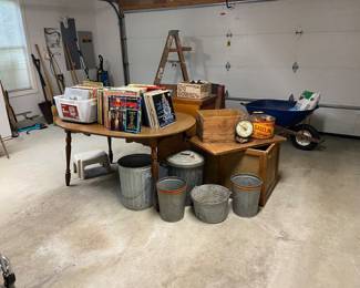 Vintage Records, Vintage Galvenized Buckets & Wooden Crates