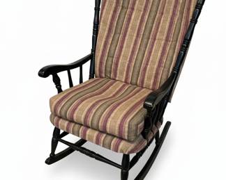 Vintage Black SpindleBack Rocking Chair with MultiColored Striped Upholstery