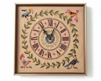 Vintage Embroidered Floral and Bird Wall Clock Cross Stitch