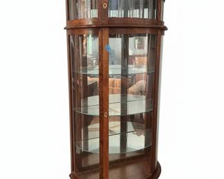 Antique Tiger Oak Curved Glass Curio Cabinet B