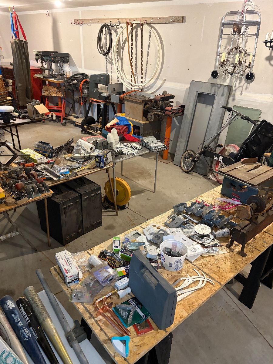 band saw, drill presses, lathe, fire tables, tools, walker, air hose, chains