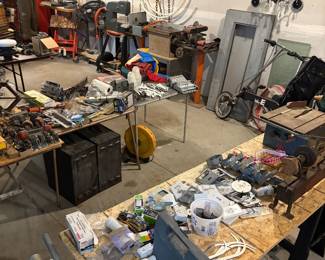 band saw, drill presses, lathe, fire tables, tools, walker, air hose, chains