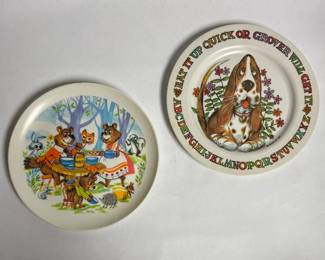 Vintage children's melamine dinner plate often referred to by collectors as the "Bear and Company Picnic" or "Woodland Bears Picnic" scene and a vintage 1972 Oneida Deluxe child's melamine plate featuring "Grover" the Basset Hound