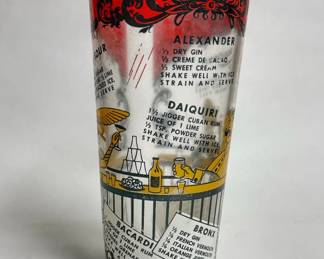 Vintage 1950s "Gay Nineties" or "Ragtime" pattern cocktail glass shaker.